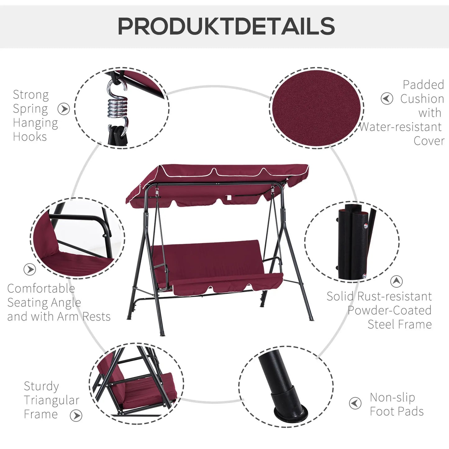 3-Seater Outdoor Porch Swing, Adjustable Canopy, Wine Red Patio Swings with Stand at Gallery Canada
