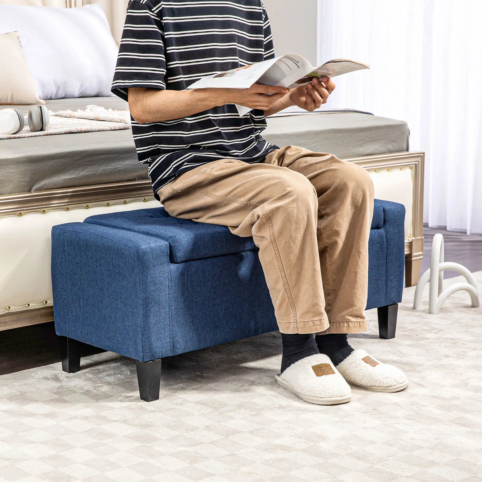 Storage Ottoman Bench, Linen Upholstered, Tufted, Dark Blue Storage Ottomans & Benches at Gallery Canada
