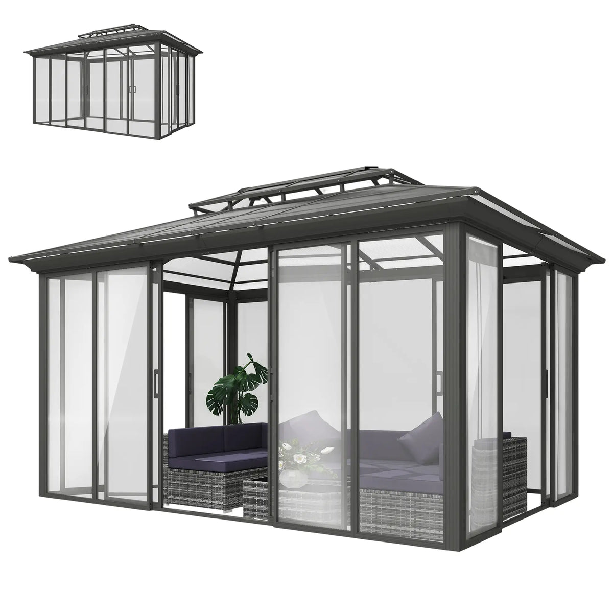 10' x 14' Aluminum Hardtop Gazebo, Sliding Doors, Double Roof, Dark Grey Gazebos Dark Grey, Clear at Gallery Canada