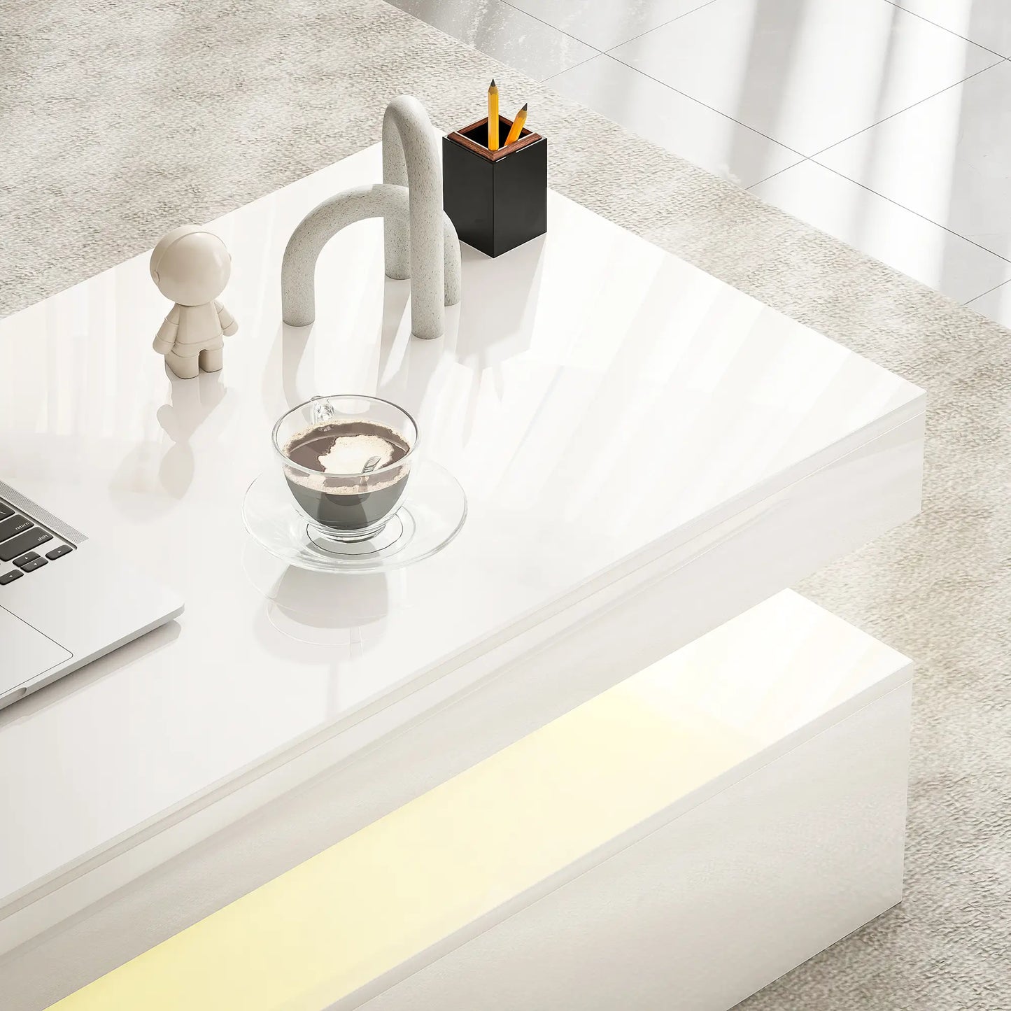 LED Coffee Table, 2 Drawers, Open Shelf, High Gloss White, White Coffee Tables at Gallery Canada