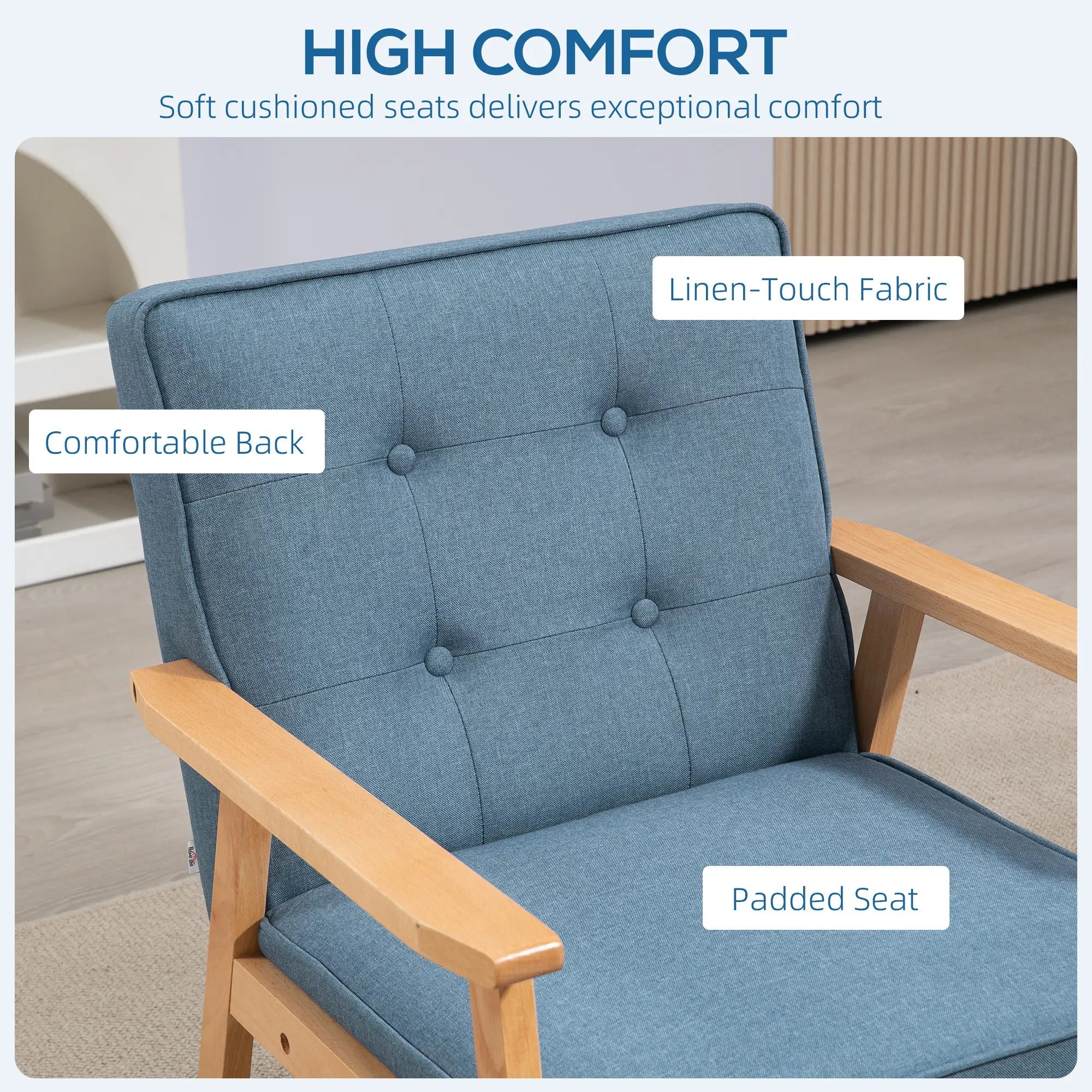 Modern Fabric Armchair, Tufted Back, Wood Legs, Thick Padding, Blue Accent Chairs at Gallery Canada