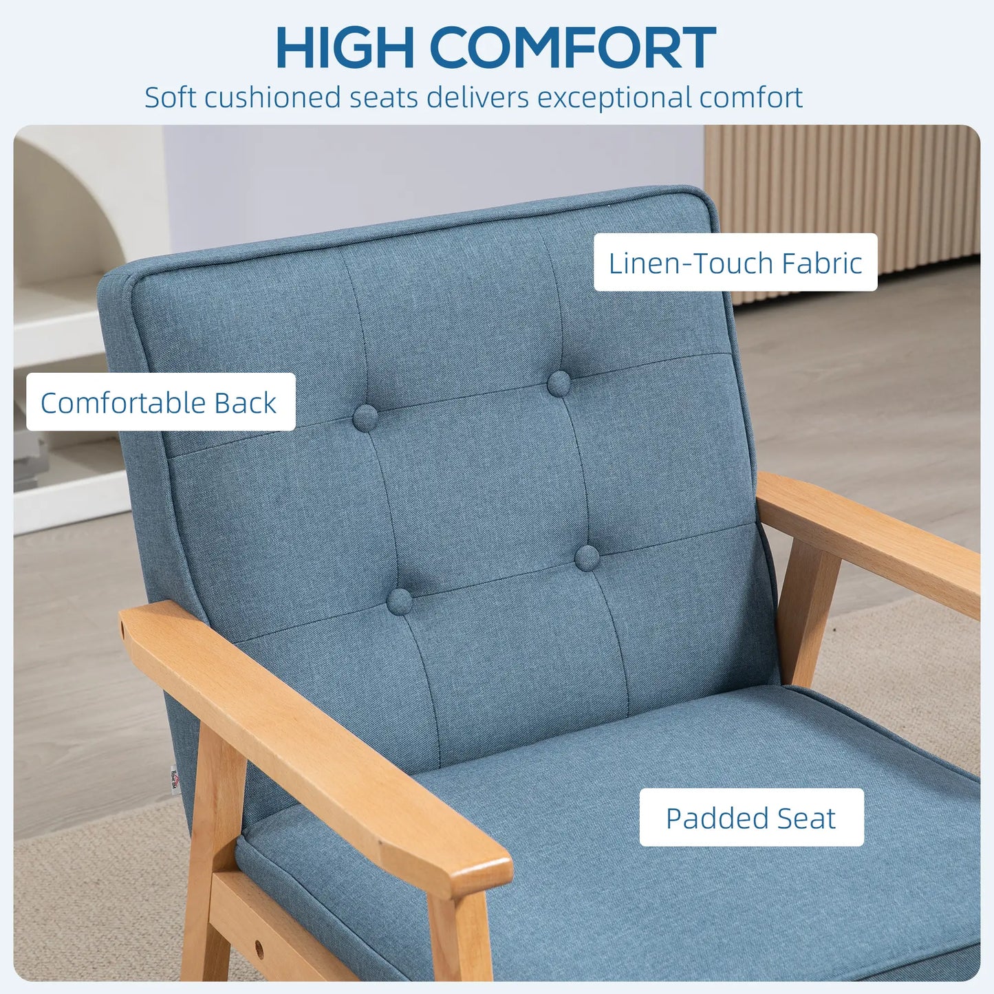 Modern Fabric Armchair, Tufted Back, Wood Legs, Thick Padding, Blue Accent Chairs at Gallery Canada