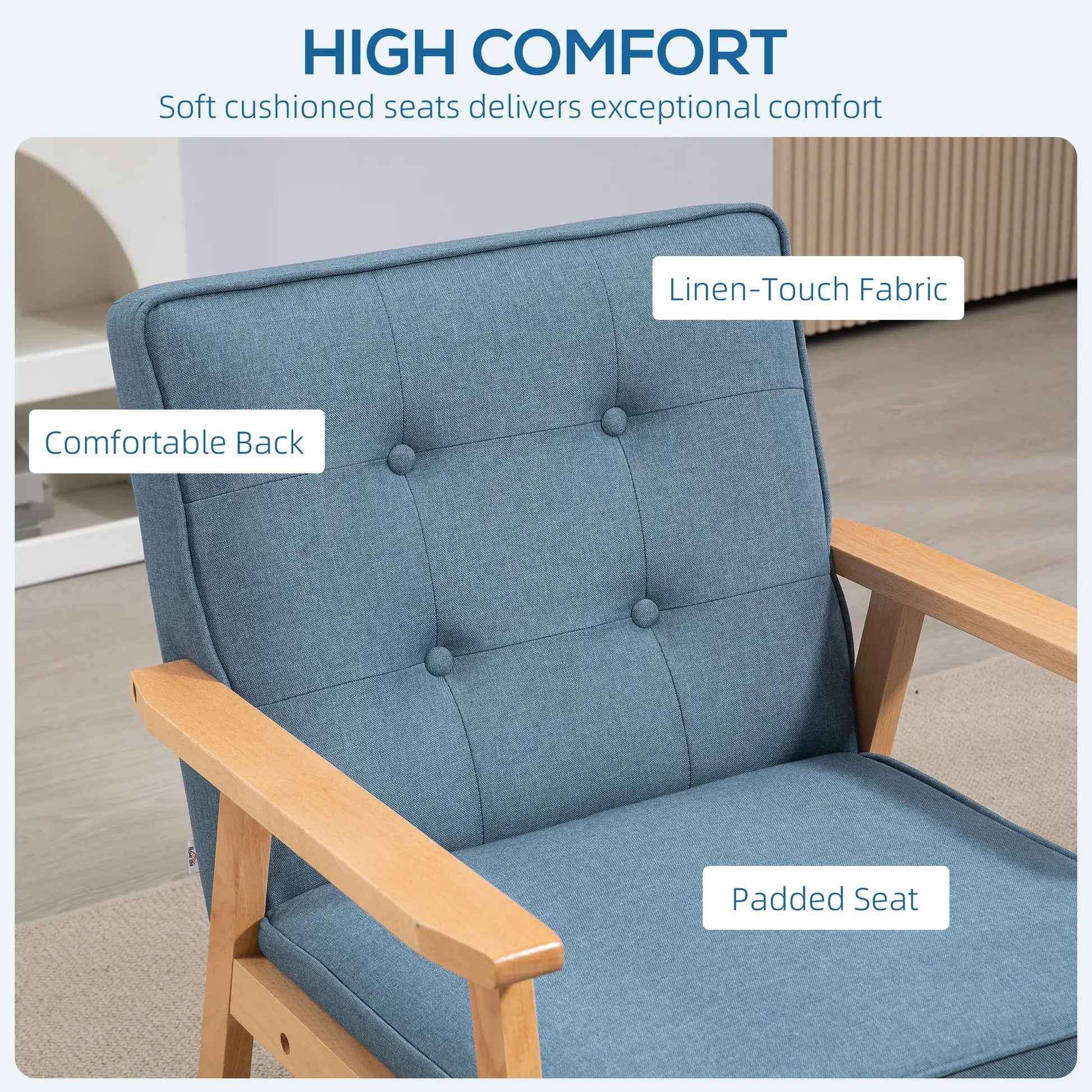 Modern Fabric Armchair, Tufted Back, Wood Legs, Thick Padding, Blue Accent Chairs at Gallery Canada