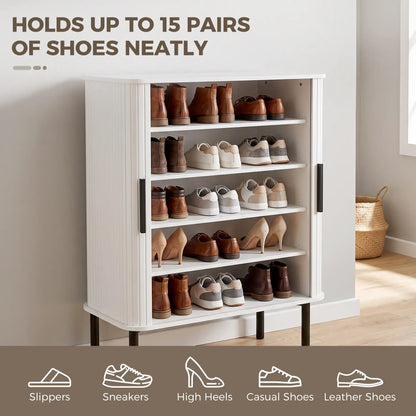 Shoe Cabinet Adjustable Shelves Side Cubbies Tambour Door, White