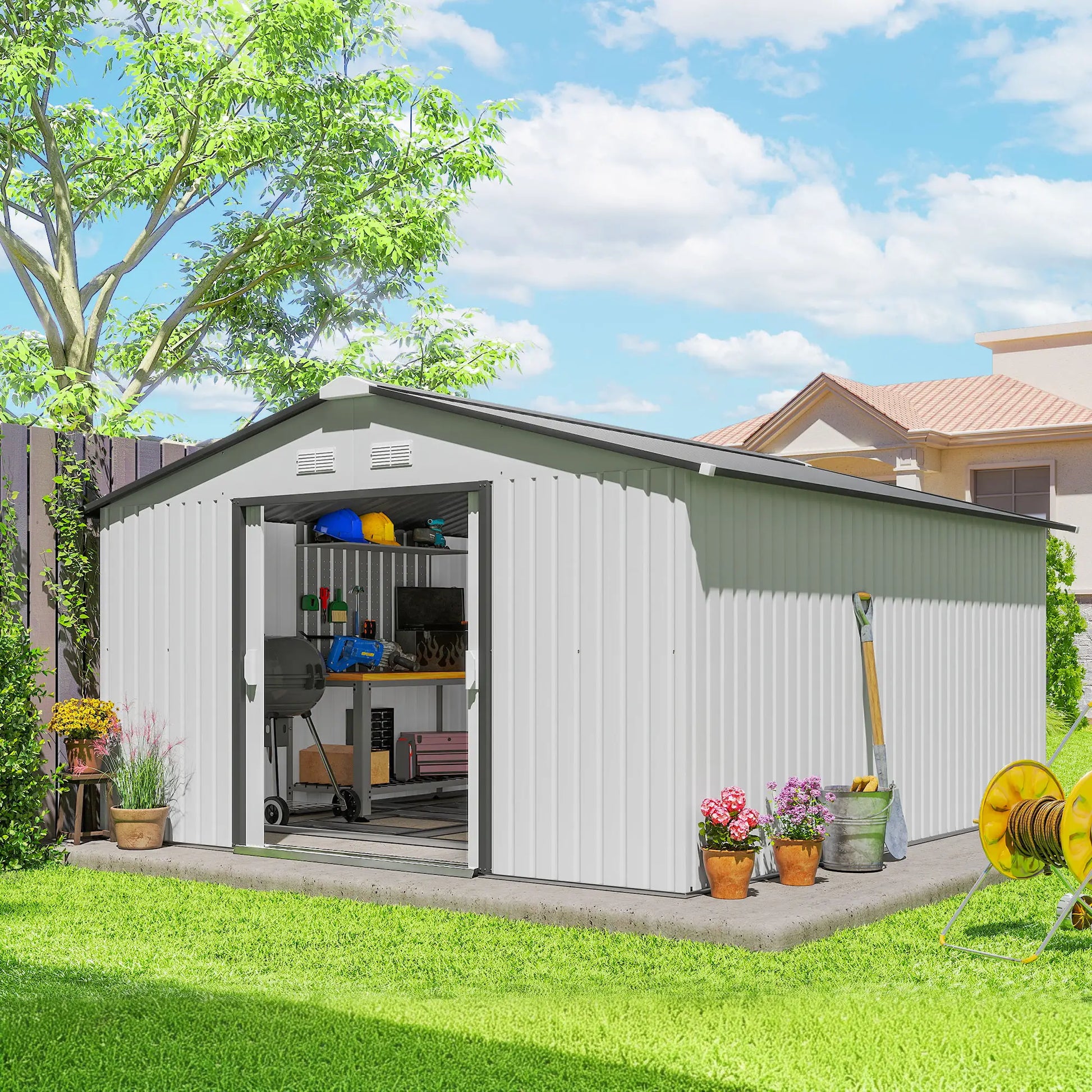 11' x 13' Garden Storage Shed, Metal, Double Doors, White Sheds at Gallery Canada