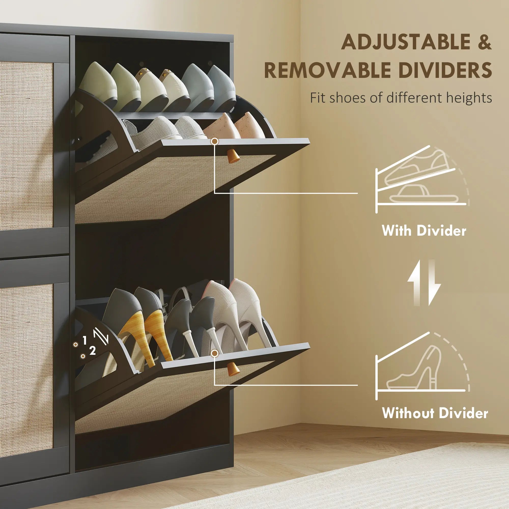 Narrow Shoe Storage Cabinet, 4 Flip Drawers, Adjustable Shelves, 20 Pairs, Black Shoe Storage Cabinets & Racks at Gallery Canada