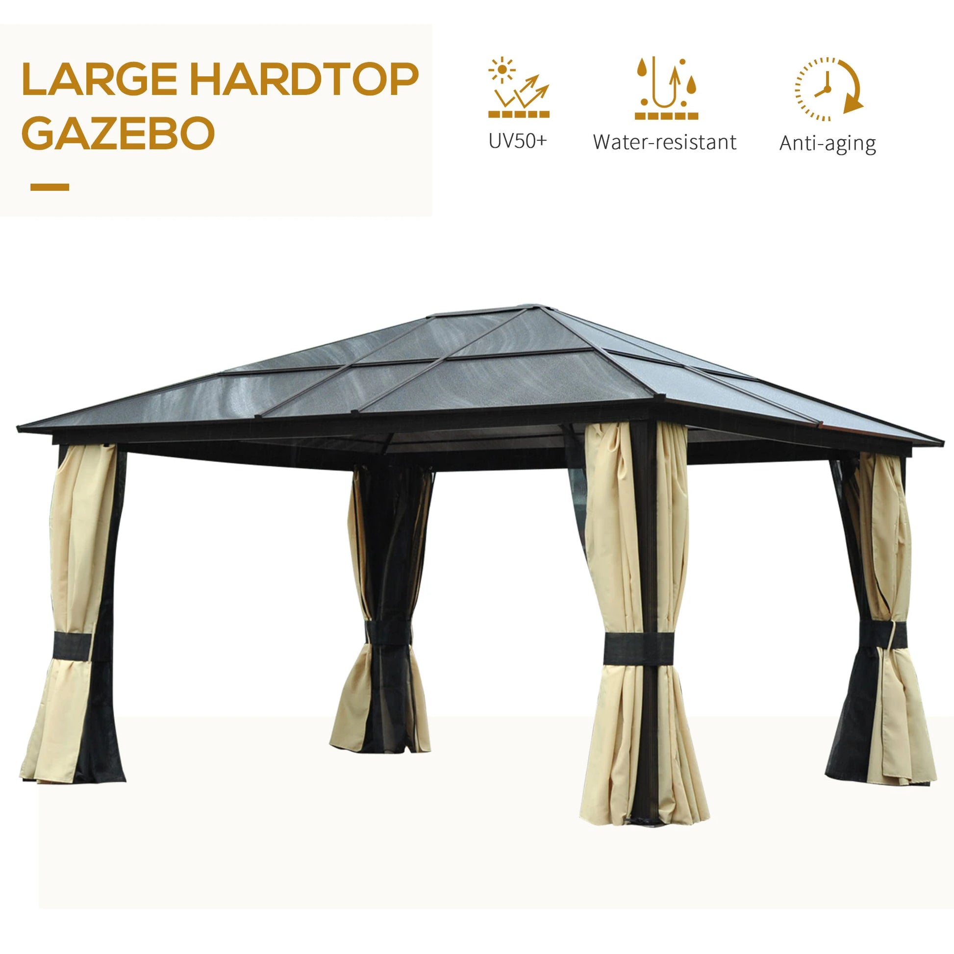 12' x 14' Hard Top Patio Gazebo, Aluminum Shelter, Curtains, Mosquito Netting Gazebos at Gallery Canada