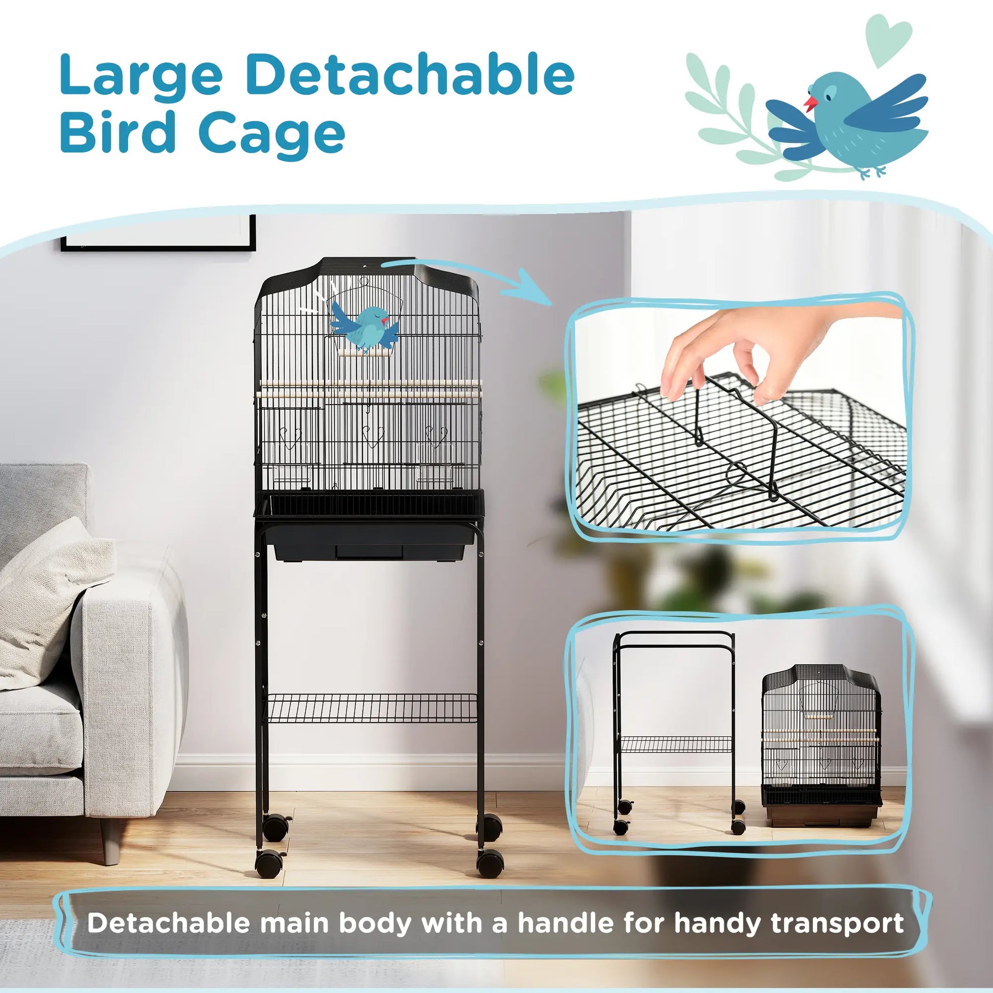 49" Rolling Bird Cage, Cockatoo House, Play Top, Storage Shelf, Wheels, Black Bird Cages at Gallery Canada