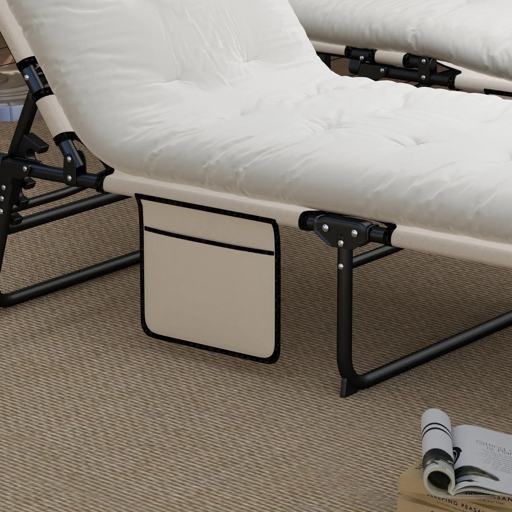 2-Piece Folding Lounge Chairs, Adjustable Backrest, Cushion, Side Pocket, Headrest, Beige Lounger Chairs at Gallery Canada
