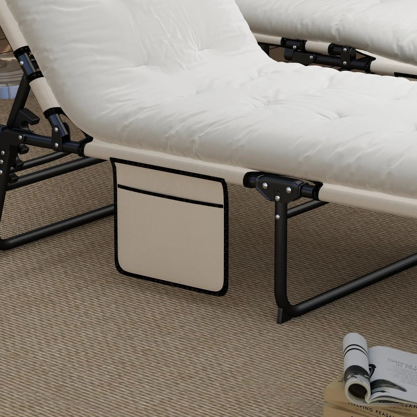 2-Piece Folding Lounge Chairs, Adjustable Backrest, Cushion, Side Pocket, Headrest, Beige Lounger Chairs at Gallery Canada