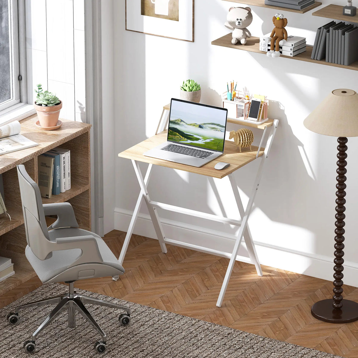 Folding Computer Desk, 27.6" Foldable Desk with Monitor Shelf, Natural Wood Writing Desks at Gallery Canada