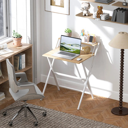 Folding Computer Desk, 27.6" Foldable Desk with Monitor Shelf, Natural Wood Writing Desks at Gallery Canada