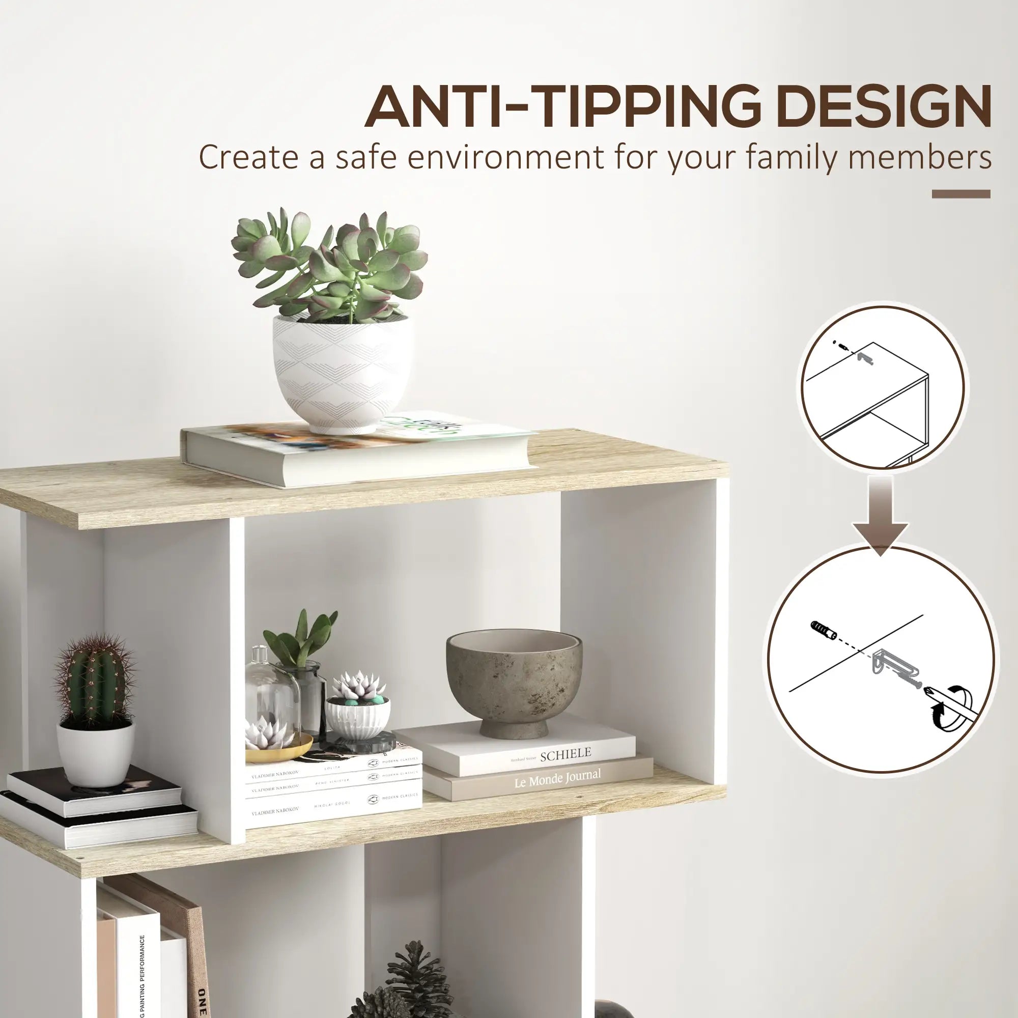 5-Tier Geometric S Shaped Bookcase, Tall Narrow Display Shelf, White Display Bookshelves at Gallery Canada