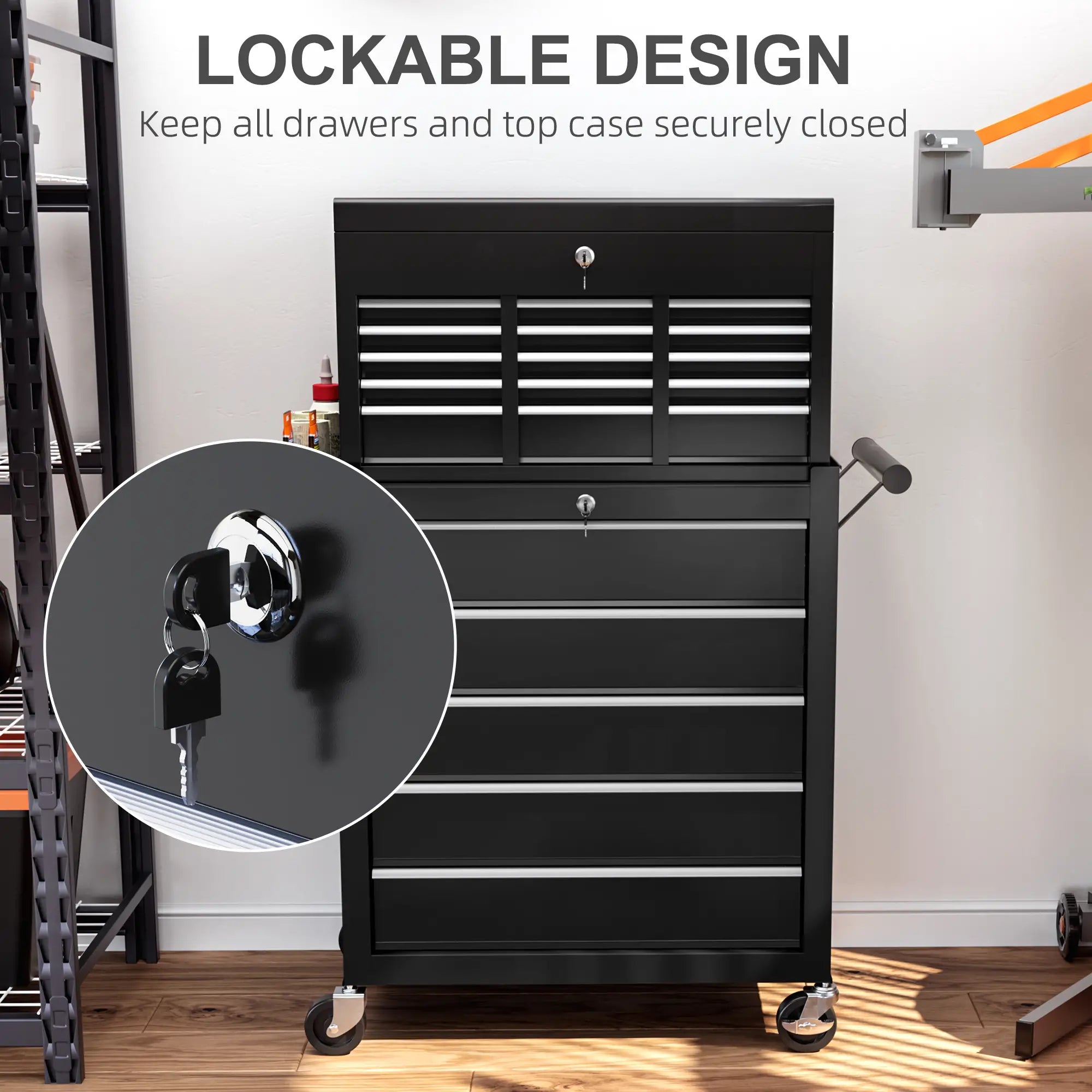 14 Drawer Rolling Tool Chest, Lockable Storage Cabinet, Detachable Toolbox, Black Tool Organizers at Gallery Canada