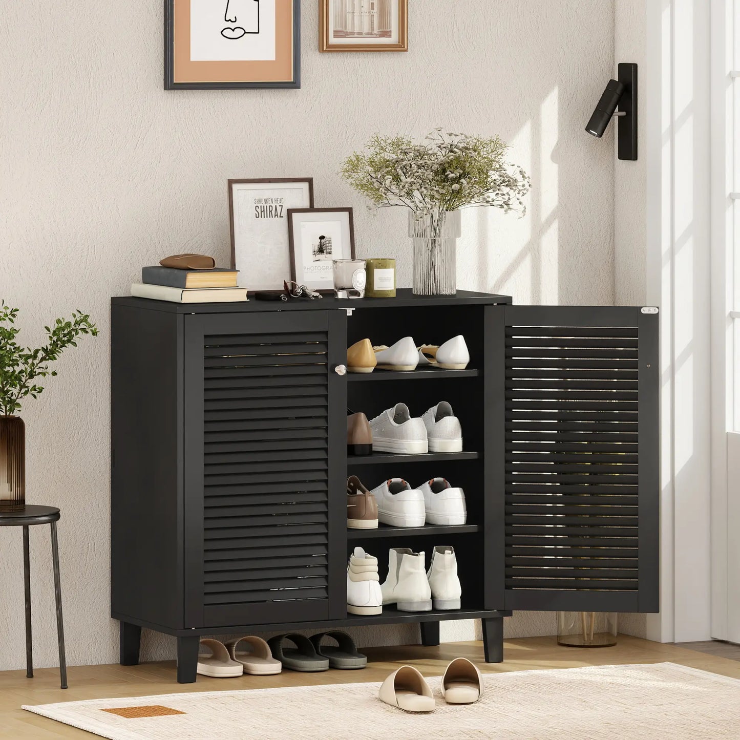 Shoe Cabinet With Adjustable Shelves, 2 Doors, Black, Black