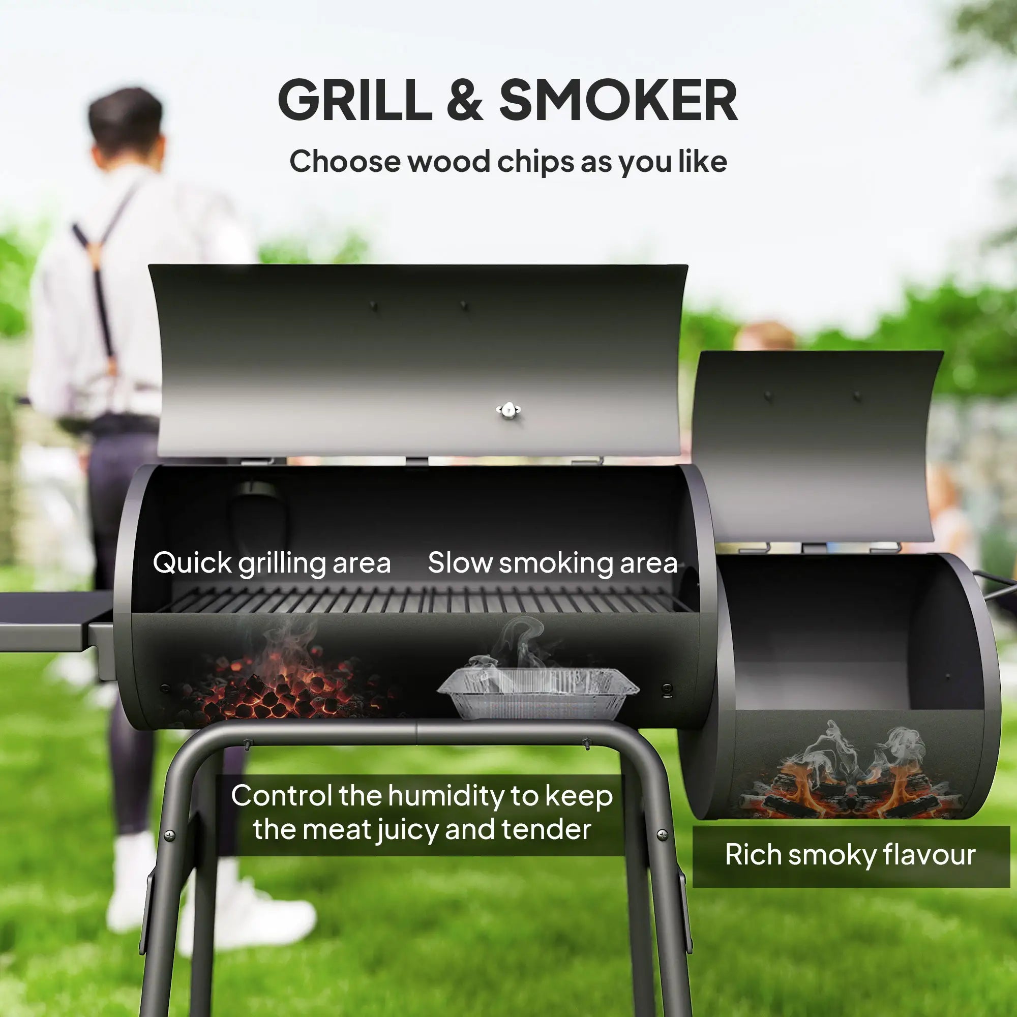 Charcoal BBQ Grill With Offset Smoker, 124 x 53 x 104 cm, Black Charcoal BBQ Grils at Gallery Canada