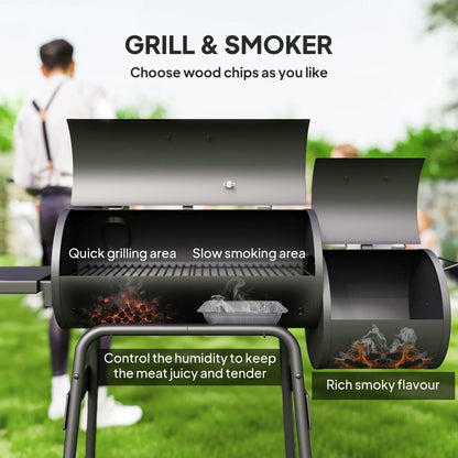 Charcoal BBQ Grill With Offset Smoker, 124 x 53 x 104 cm, Black Charcoal BBQ Grils at Gallery Canada