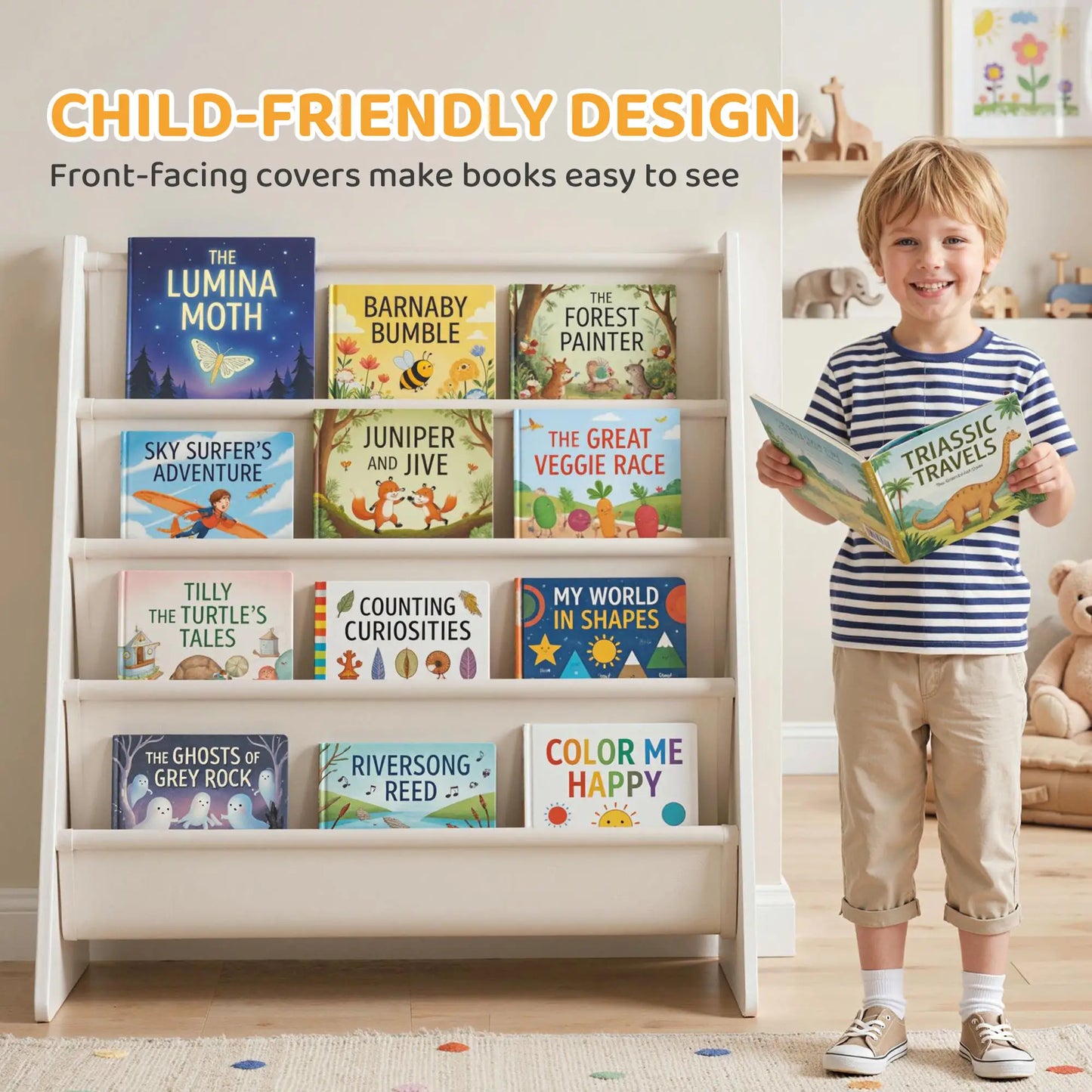 Fabric Kids Bookshelf, 4-Tier Toddler Sling Book Rack, White