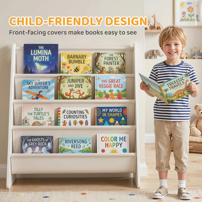 Fabric Kids Bookshelf, 4-Tier Toddler Sling Book Rack, White