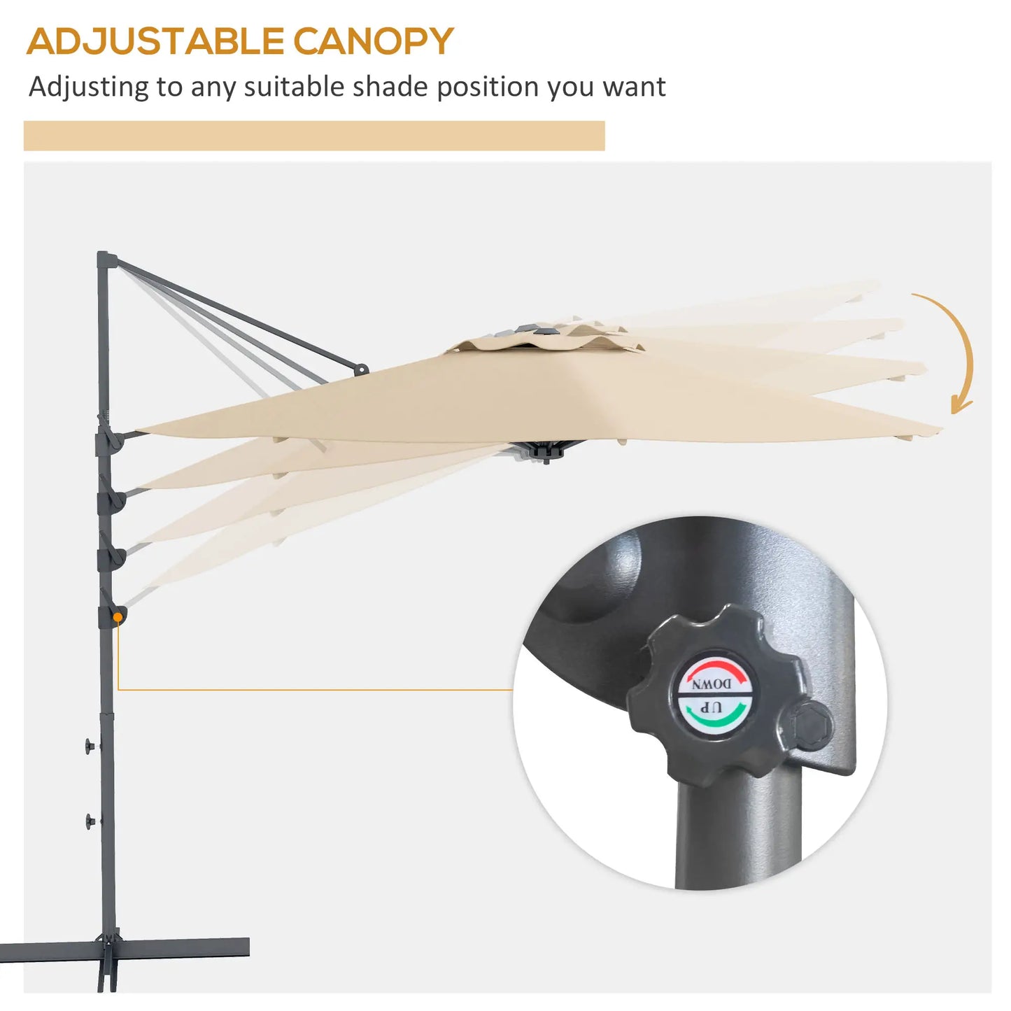 10 FT Cantilever Umbrella, Aluminum, 360° Rotation, Crank, Tilt, Khaki Cantilever Umbrellas at Gallery Canada