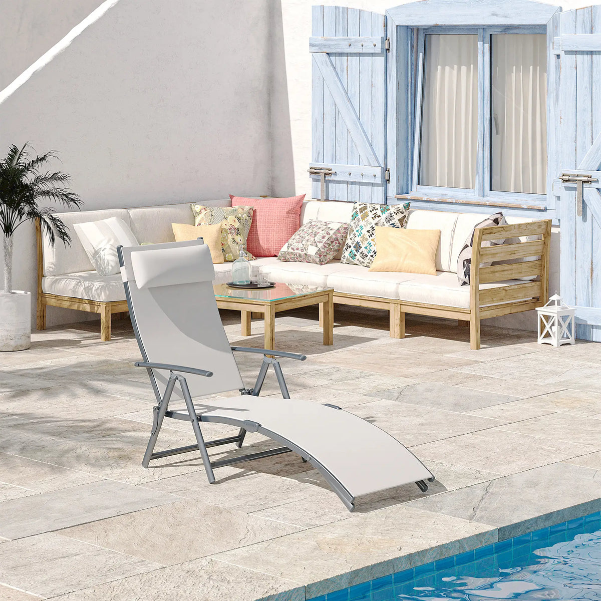 Heavy Duty Adjustable Folding Chair, Outdoor Sun Lounger, 7 Positions, Cream