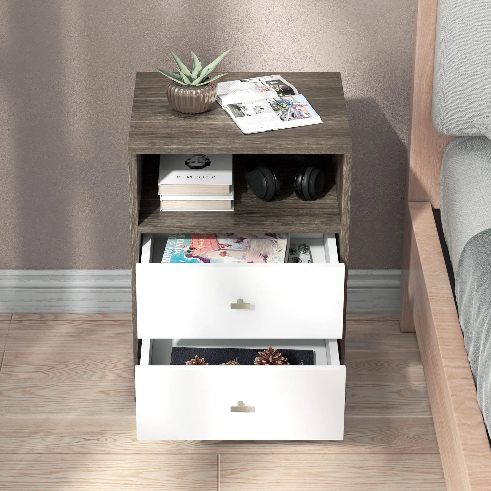Modern Nightstand Set of 2, 3 Drawers, Open Storage, Grey Bedside Tables at Gallery Canada