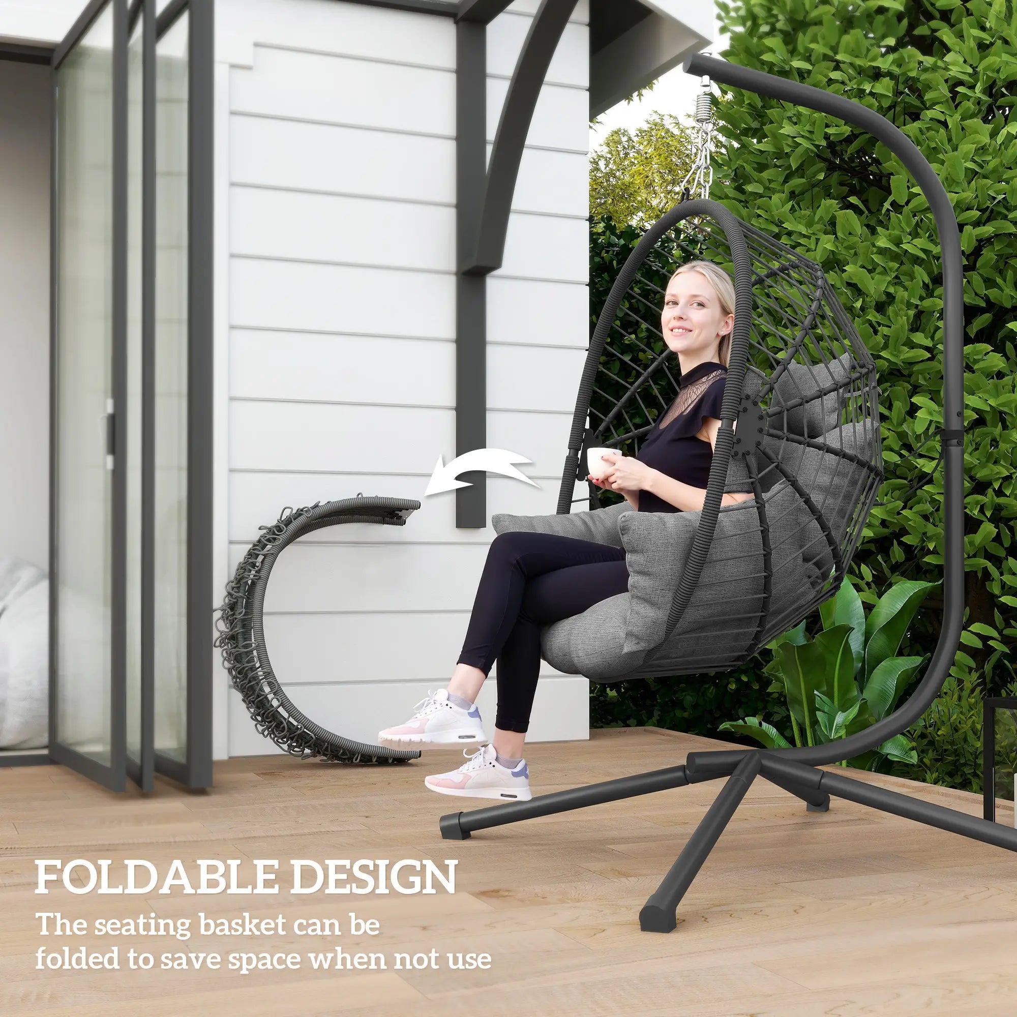 Metal Hanging Egg Chair, Full Body Padded Seat, Grey Patio Swings with Stand at Gallery Canada