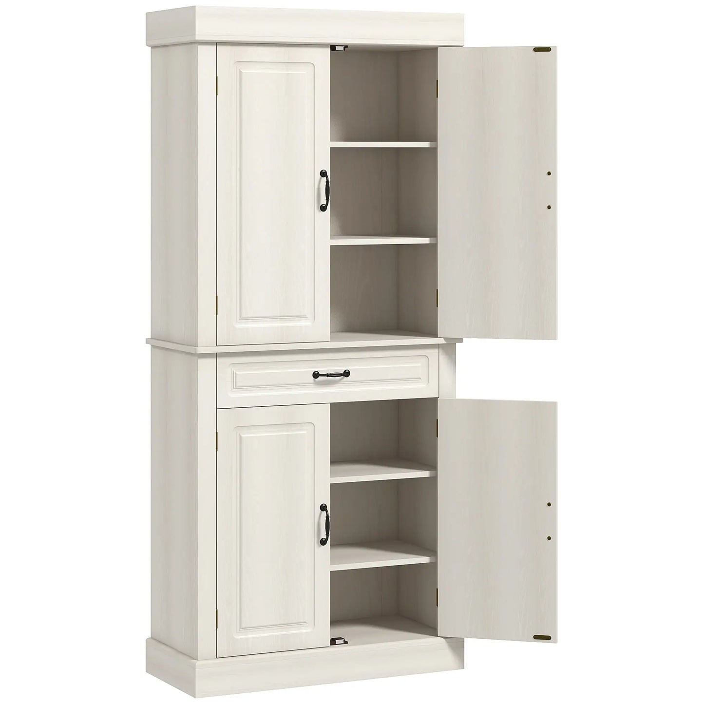 71" Freestanding Kitchen Pantry, 4 Doors 2 Cabinets, Distressed White, White Kitchen Pantry Cabinets at Gallery Canada