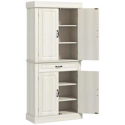 71" Freestanding Kitchen Pantry, 4 Doors 2 Cabinets, Distressed White, White Kitchen Pantry Cabinets at Gallery Canada