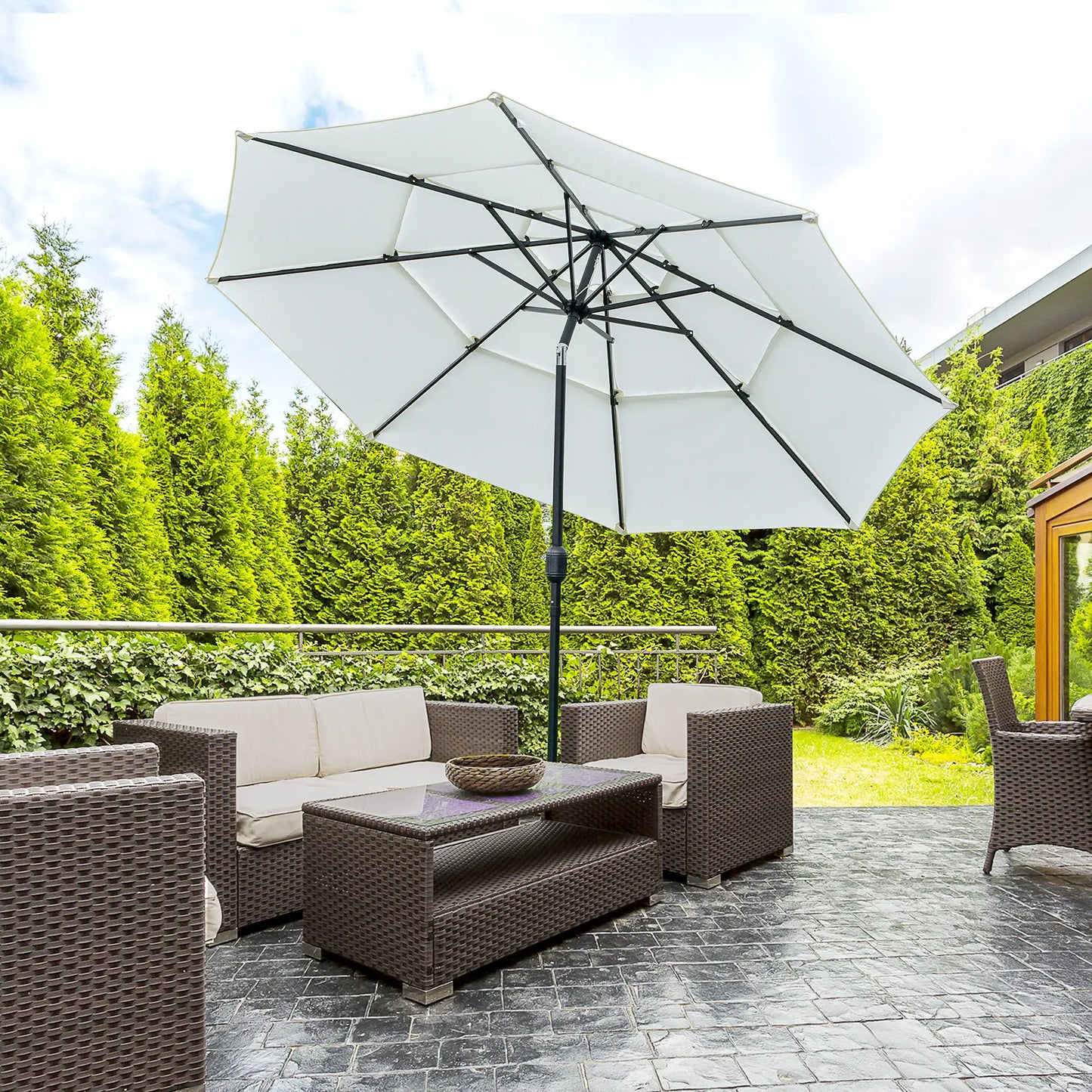 9FT 3-Tier Patio Umbrella, Crank & Tilt, Cream White Sun Umbrellas at Gallery Canada