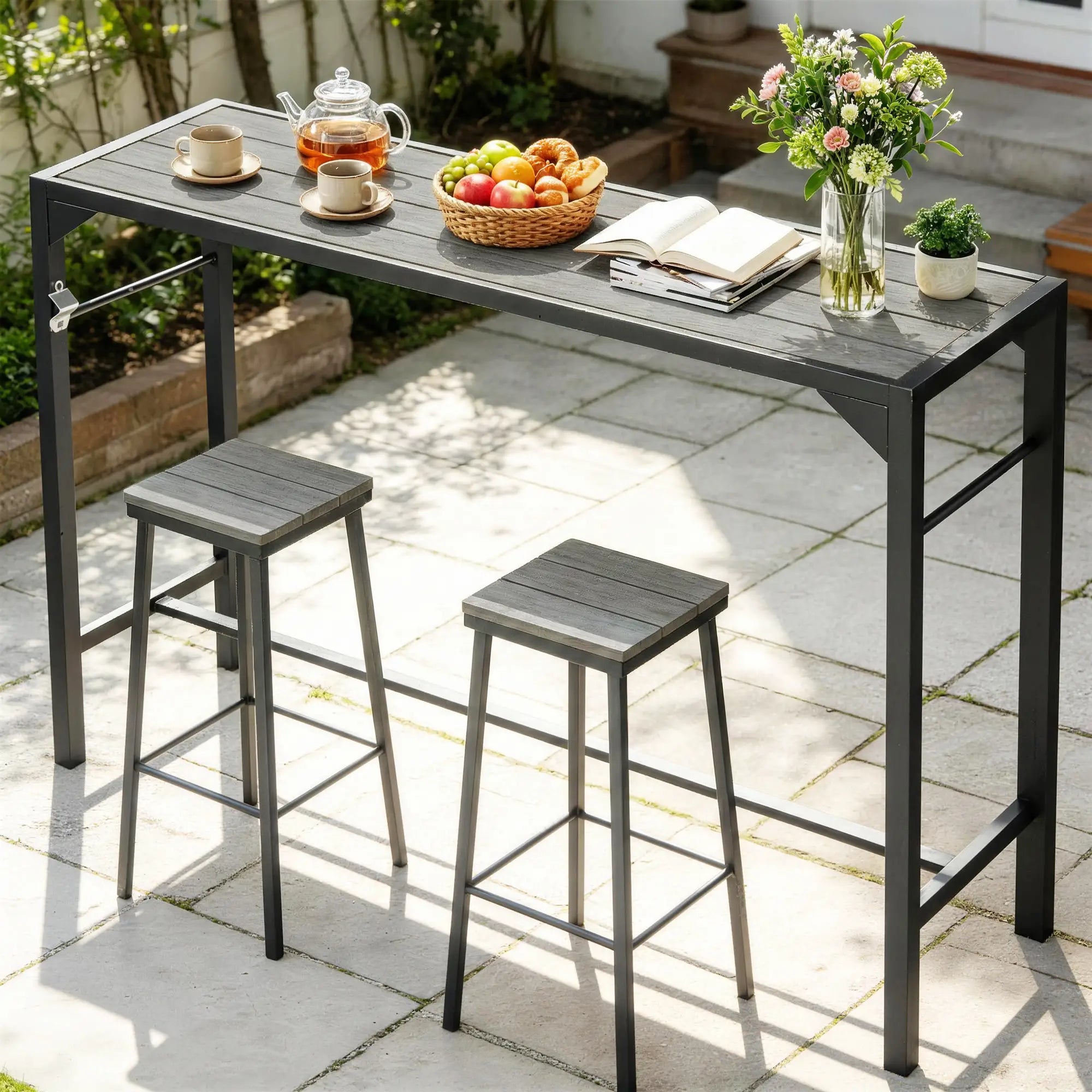 Outdoor Bar Table With Bottle Opener, Wood Grain Plastic Top, 55