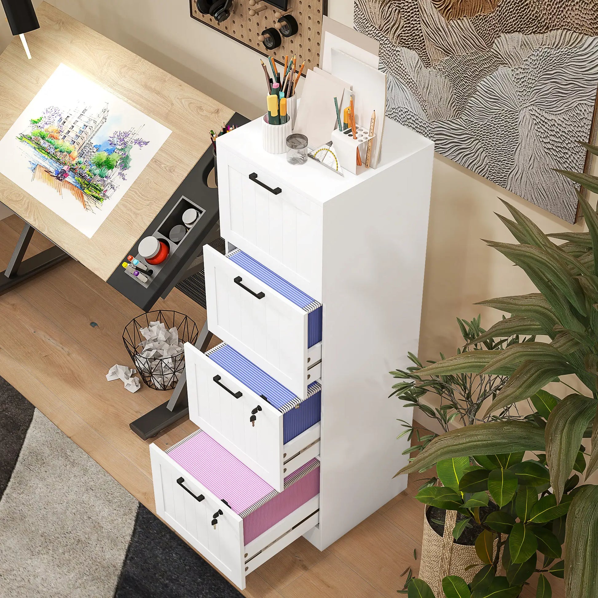 4 Drawer Filing Cabinet with Lock, Office Storage, A4 Letter Size, White Office Cabinets & Cupboards at Gallery Canada