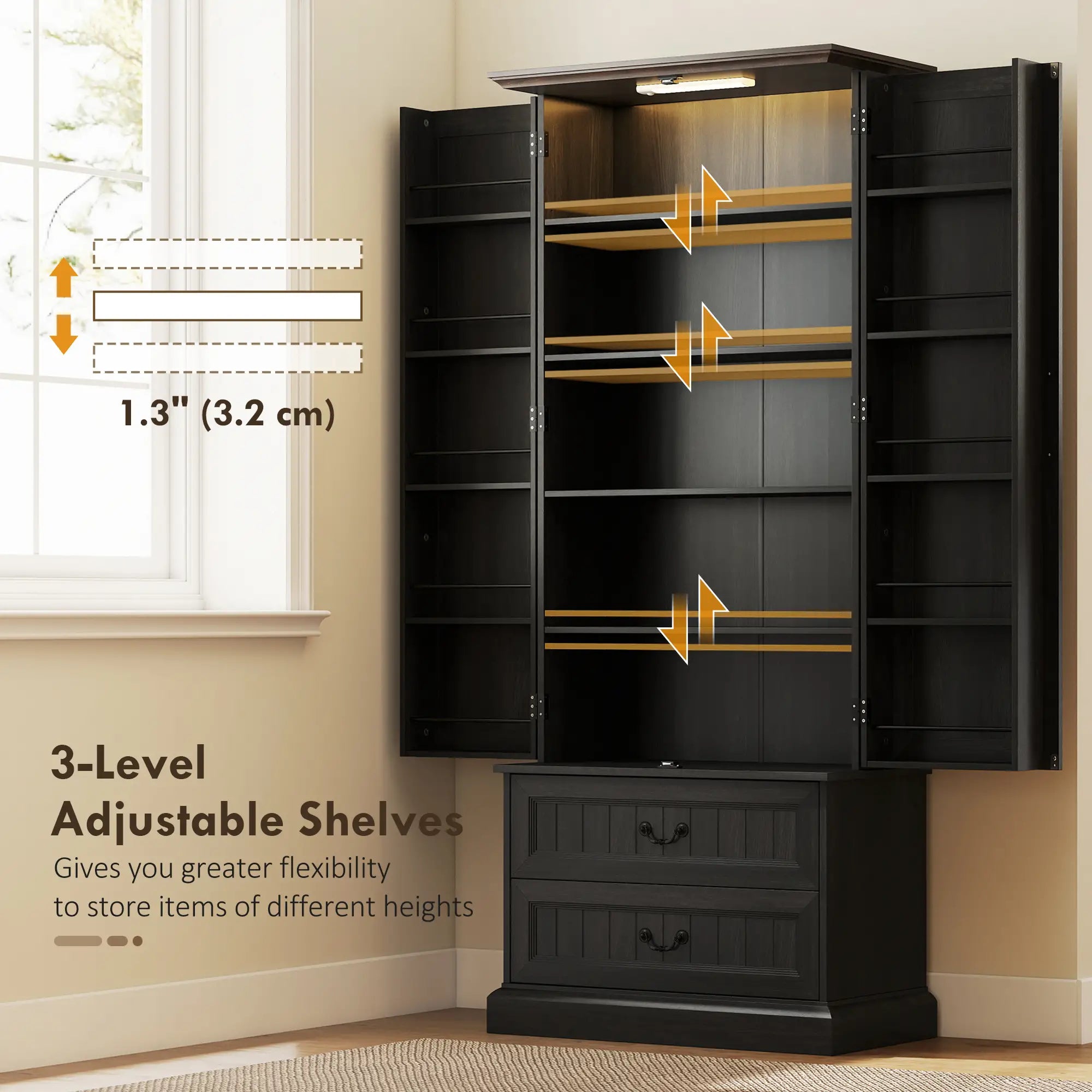 72 Inch LED Kitchen Pantry Cabinet, 10 Shelves, 2 Drawers, Black Kitchen Pantry Cabinets at Gallery Canada