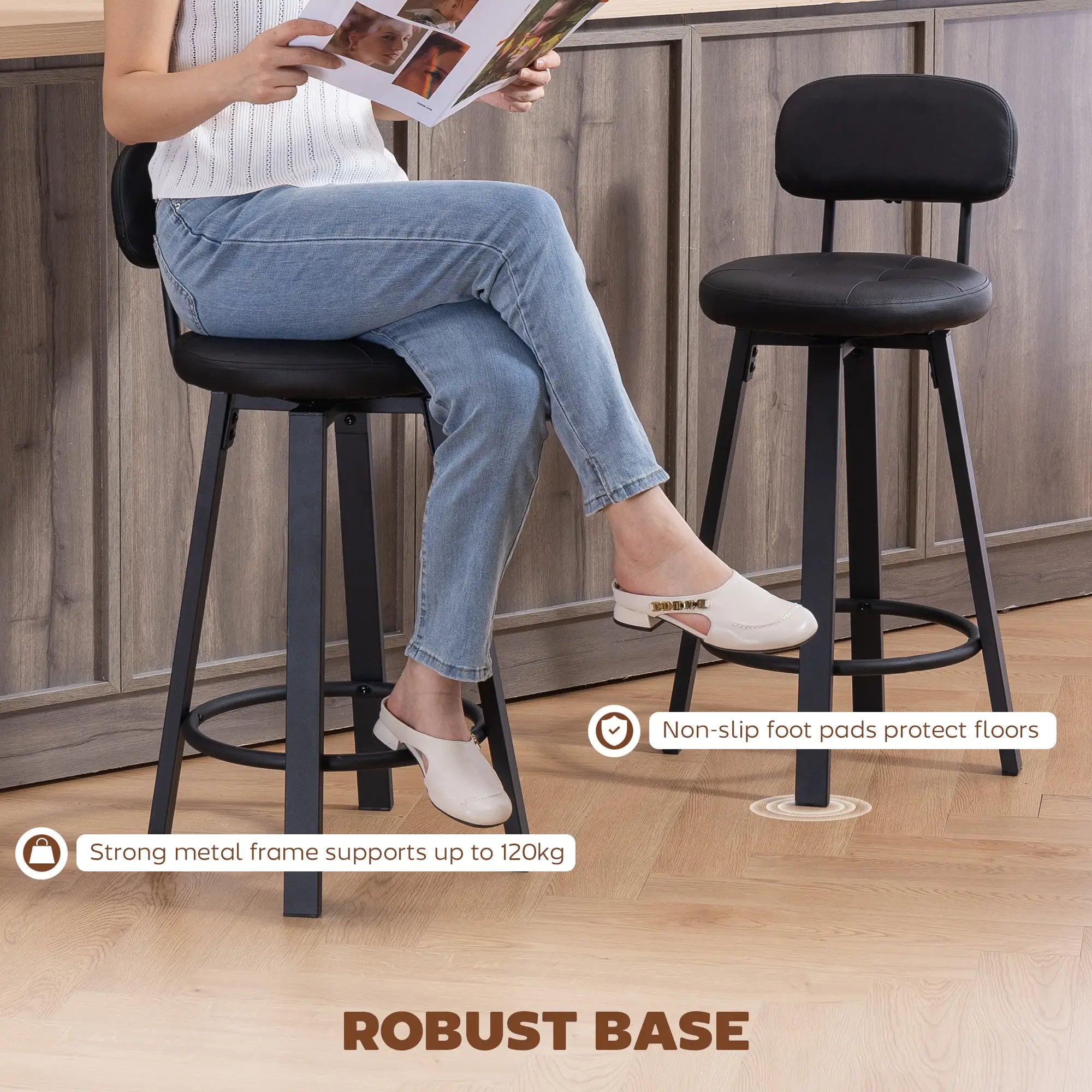 Upholstered Bar Stools Set Of 2, With Footrest And Backrest, Black Bar Stools at Gallery Canada