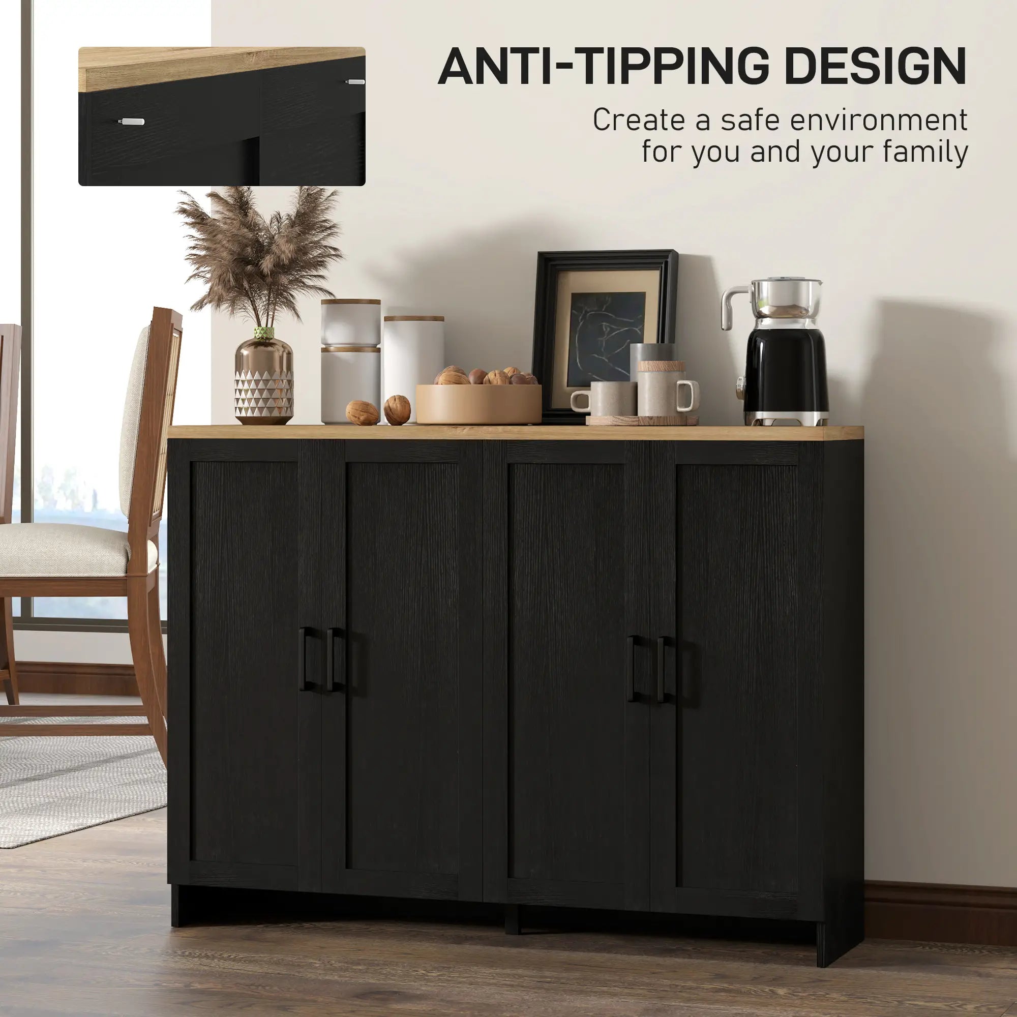 Modern Sideboard Buffet Cabinet, 4 Doors Adjustable Shelves, Black Storage Cabinets at Gallery Canada