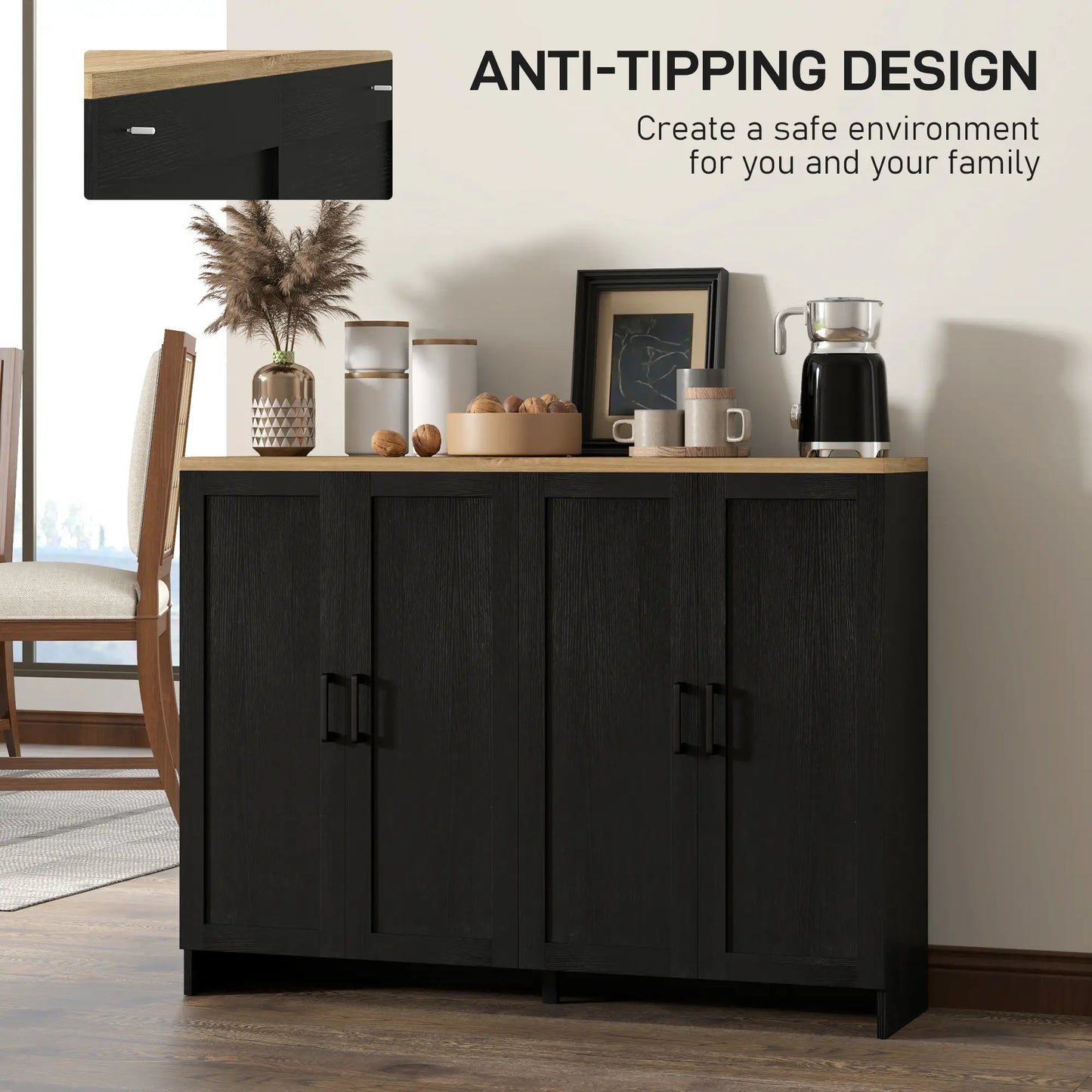 Modern Sideboard Buffet Cabinet, 4 Doors Adjustable Shelves, Black Storage Cabinets at Gallery Canada