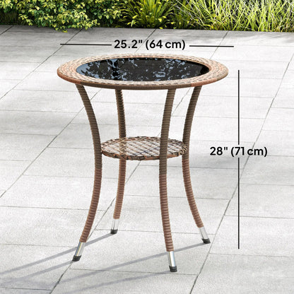 Outdoor Rattan Dining Table, Round Wicker Coffee Table with 2-Tier Shelf, Brown Patio Dinning Tables at Gallery Canada