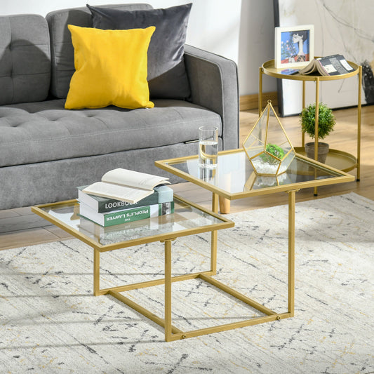 Contemporary Coffee Tables with Double Tempered Glass Tabletops, Golden Side Table with Metal Base Adjustable Foot for Living Room, Bedroom - Gallery Canada