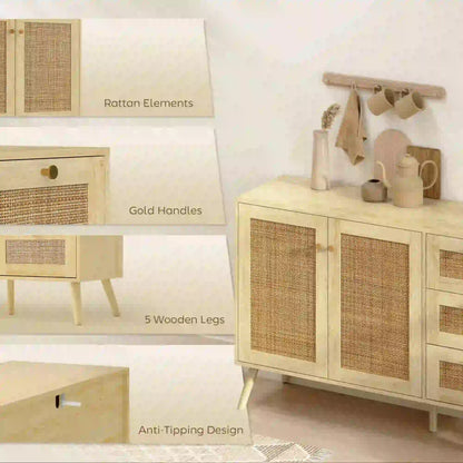 47 Inch Buffet Cabinet, Rattan Sideboard with Drawers, Natural Bar Cabinets at Gallery Canada