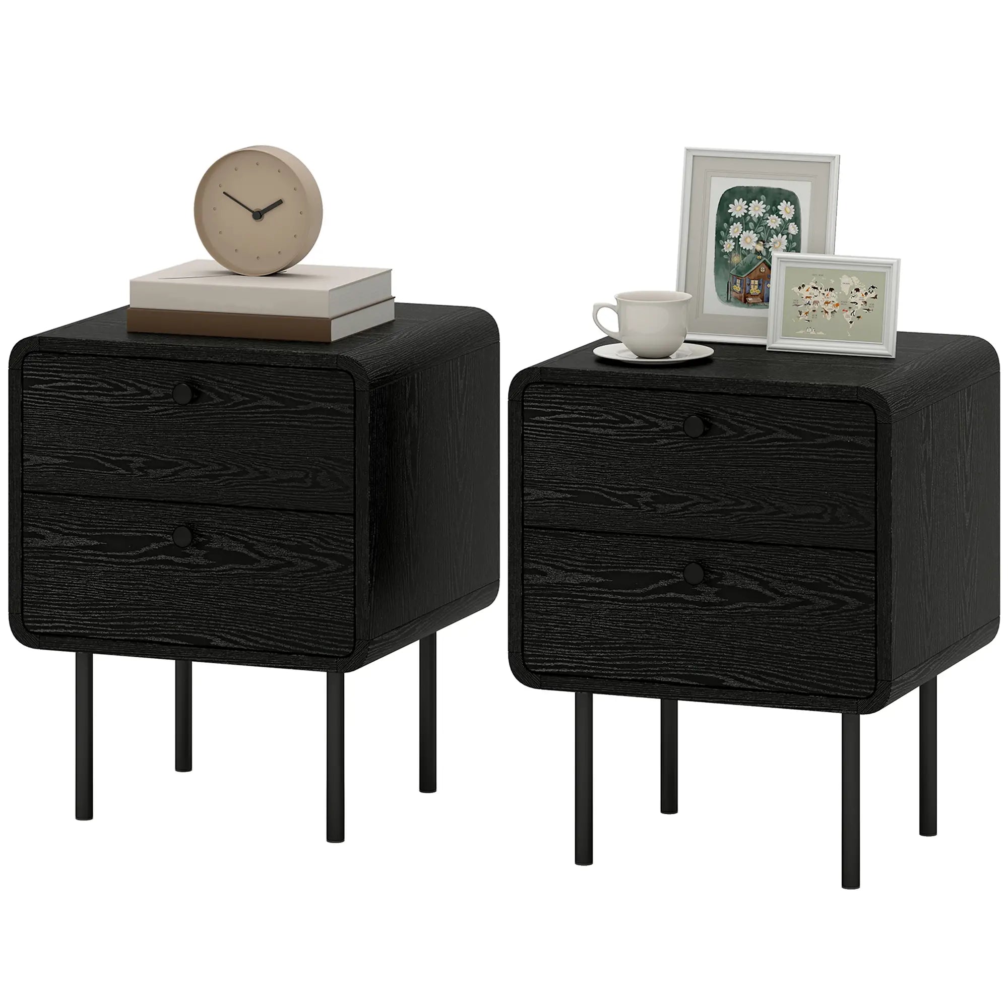 Modern Bedside Tables Set of 2, 2 Drawers, Steel Legs, Black Wood Grain, Black Bedside Tables Black Wood Grain at Gallery Canada