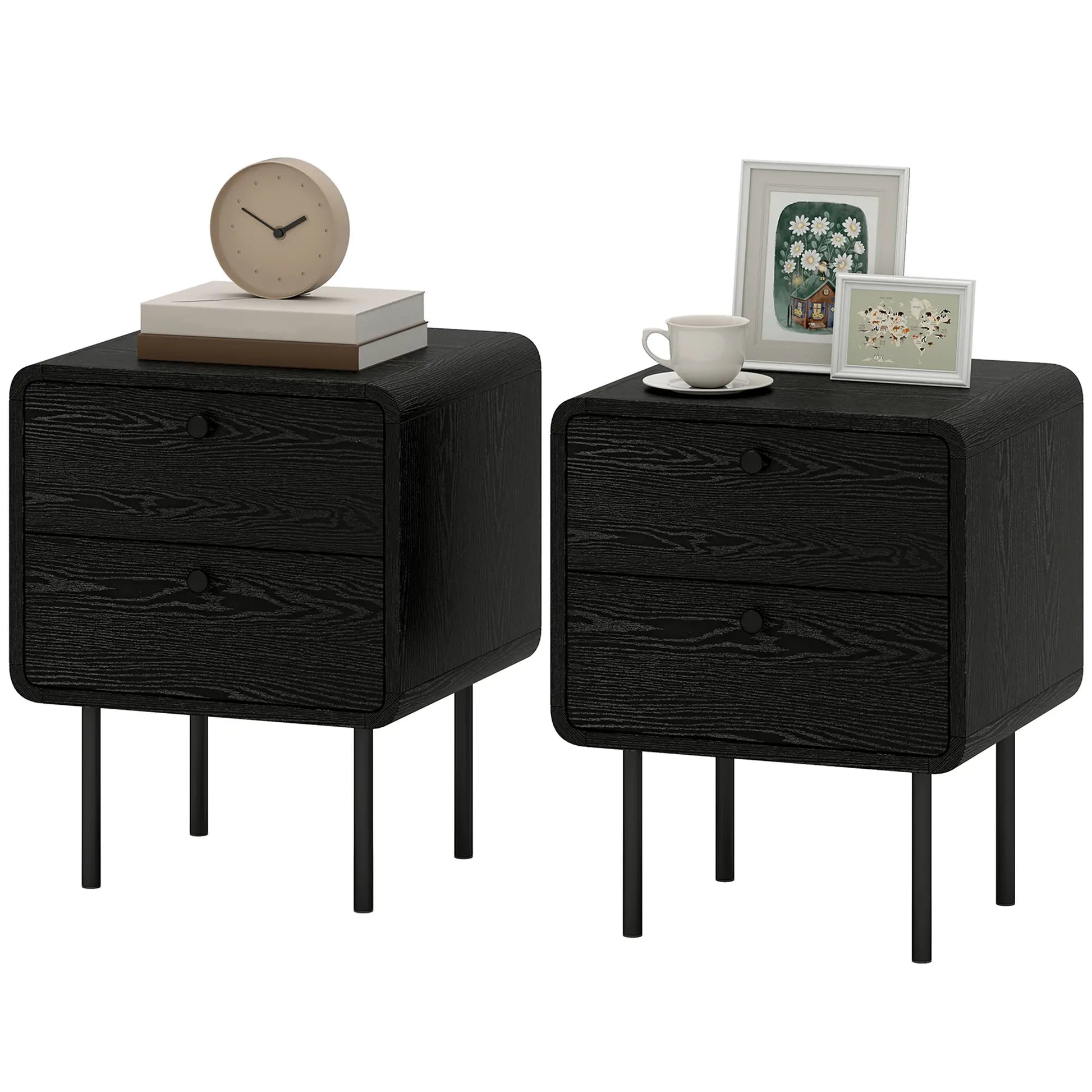 Modern Bedside Tables Set of 2, 2 Drawers, Steel Legs, Black Wood Grain, Black Bedside Tables Black Wood Grain at Gallery Canada
