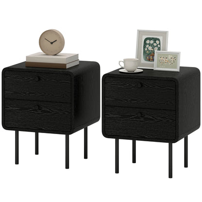 Modern Bedside Tables Set of 2, 2 Drawers, Steel Legs, Black Wood Grain, Black Bedside Tables Black Wood Grain at Gallery Canada