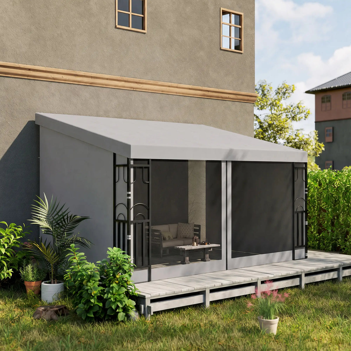 10' x 13' Wall Pergola, Outdoor Gazebo, 2 Curtains, 2 Nettings, UV Resistant, Light Grey Pergolas at Gallery Canada