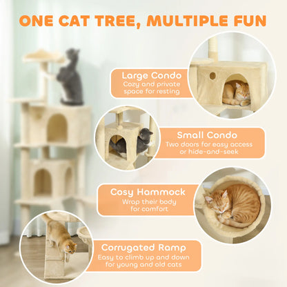 63 Inch Cat Tree, Sisal Scratching Posts, Condos, Perches, Hammock, Ladder, Beige