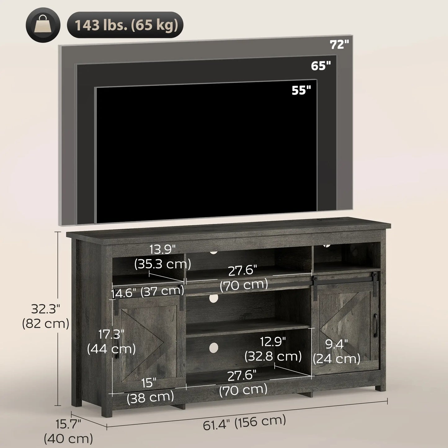 TV Stand For 72 Inch TVs, Power Outlets, Sliding Barn Doors, Dark Grey TV Stands at Gallery Canada