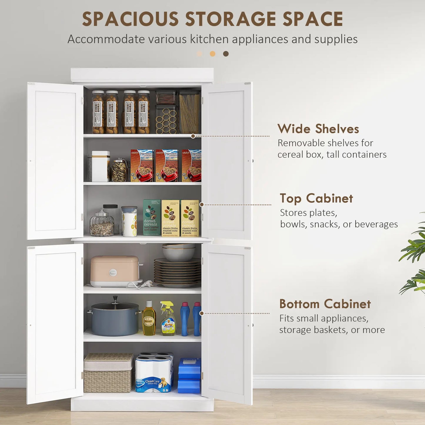 72.5" Freestanding Kitchen Pantry, 4 Doors, White Kitchen Pantry Cabinets at Gallery Canada
