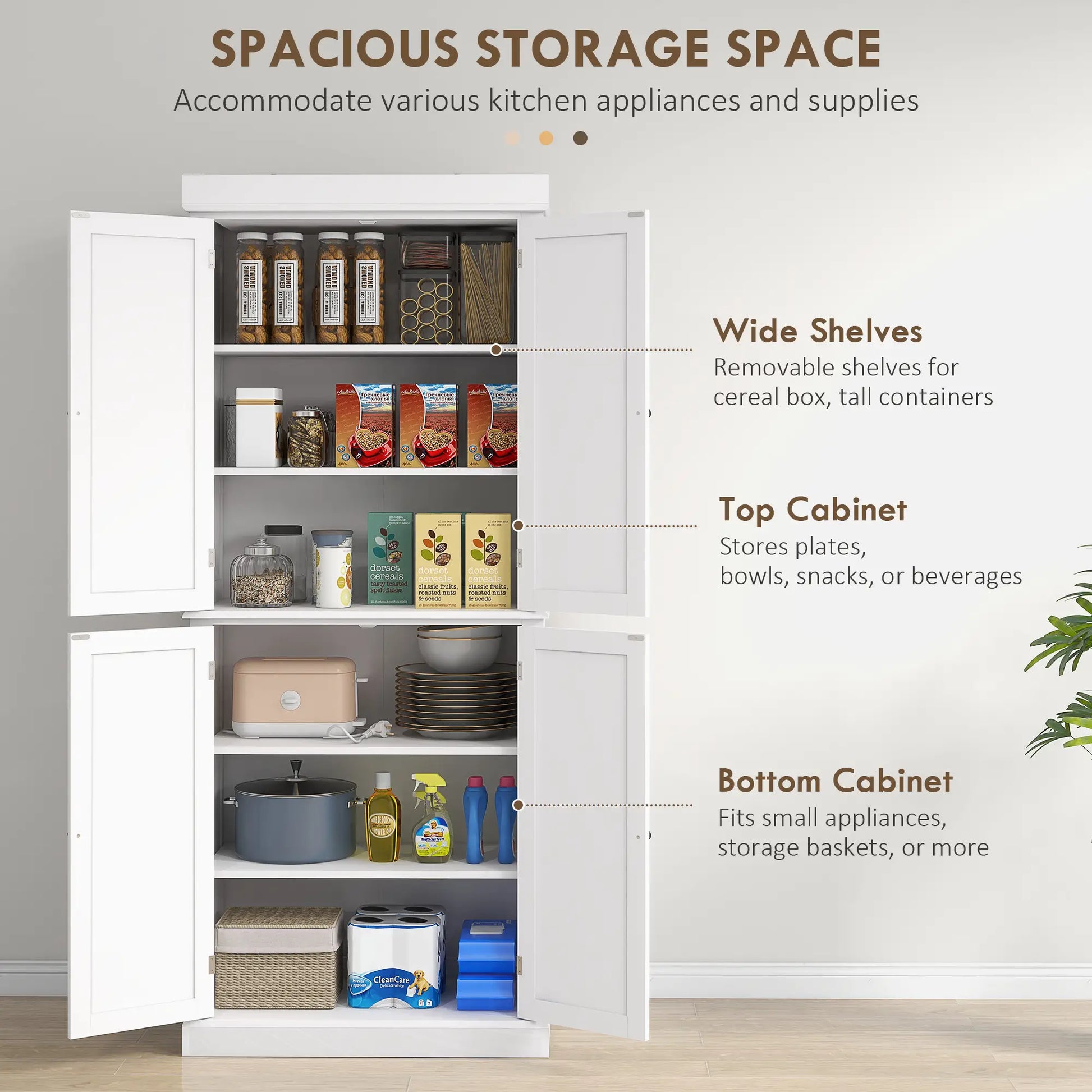 72.5" Freestanding Kitchen Pantry, 4 Doors, White Kitchen Pantry Cabinets at Gallery Canada