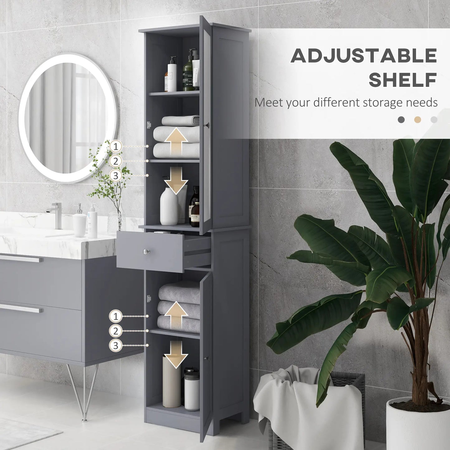 Tall Bathroom Cabinet, 2 Doors, Adjustable Shelves, Grey Bathroom Cabinets at Gallery Canada