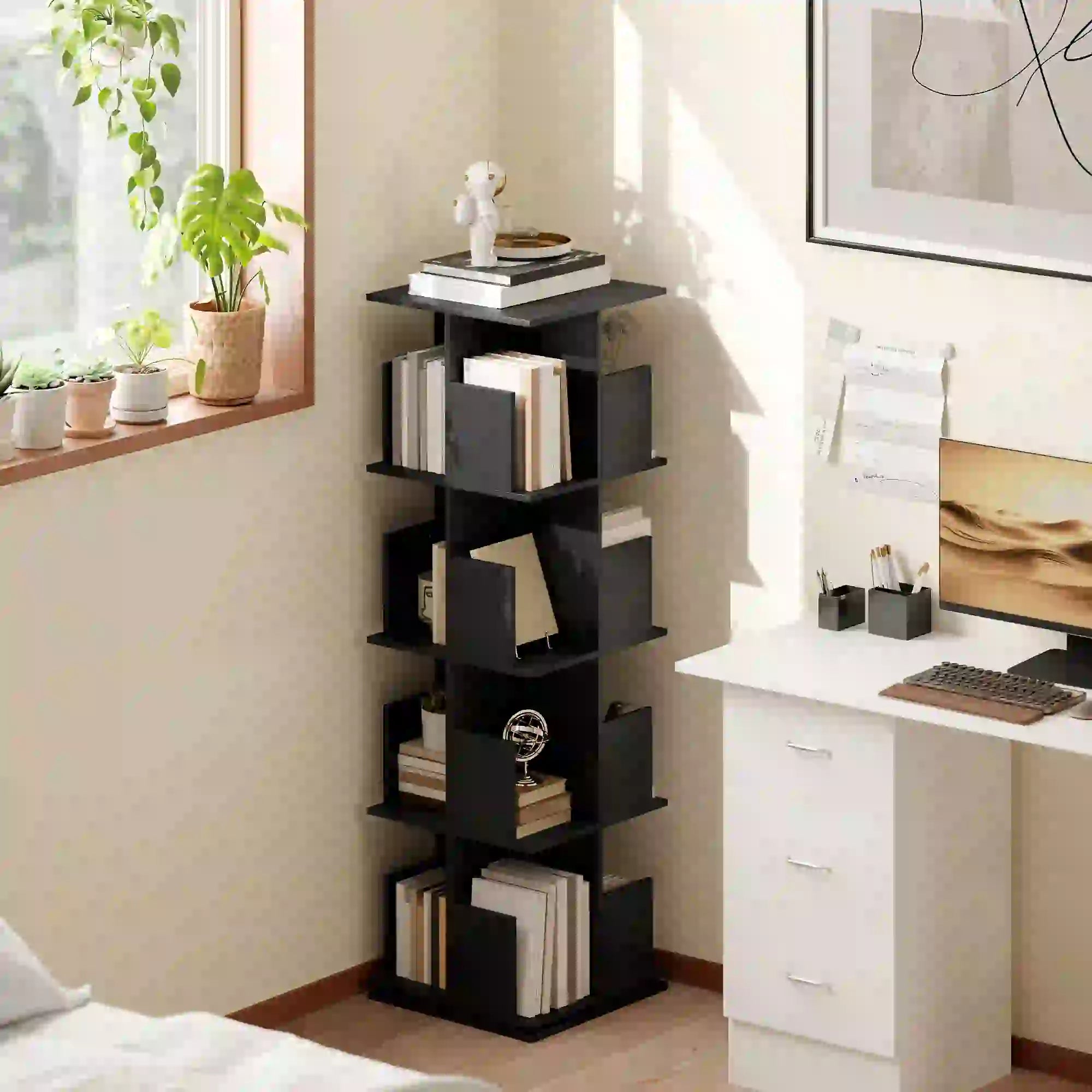 360° Rotating Bookcase, 4 Tier Bookshelf with 16 Cubbies, Black Wood Grain, Black Display Bookshelves at Gallery Canada