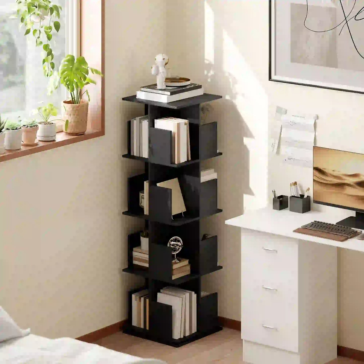 360° Rotating Bookcase, 4 Tier Bookshelf with 16 Cubbies, Black Wood Grain, Black Display Bookshelves at Gallery Canada